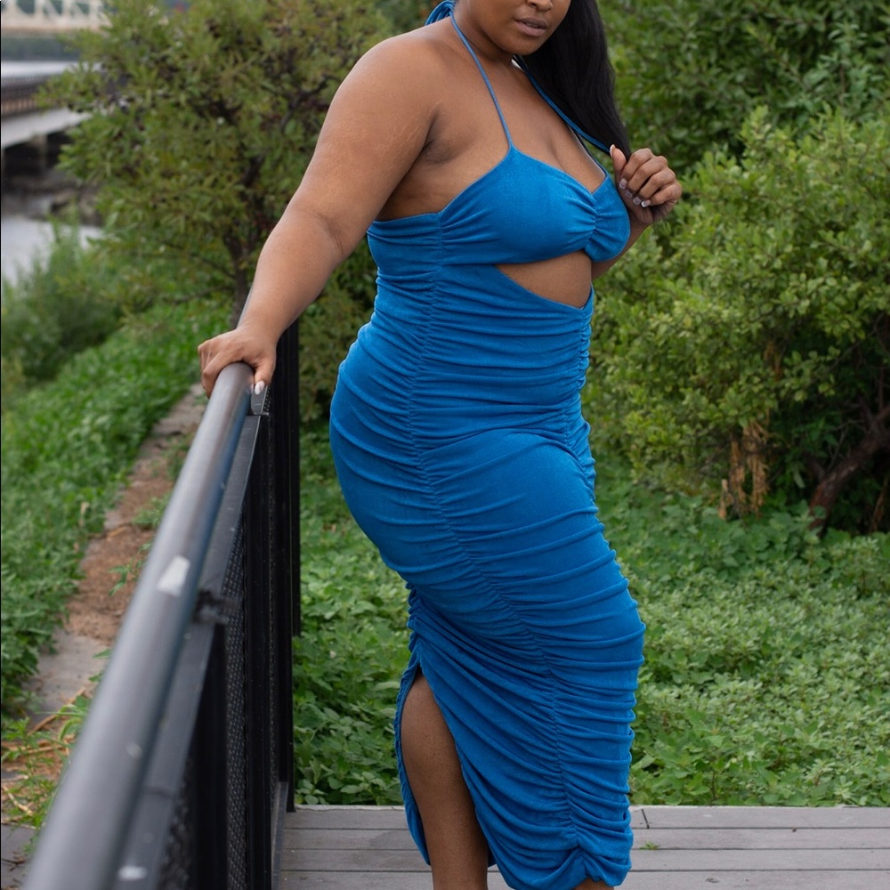 Coming In Ruched Maxi Dress - Blue